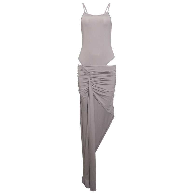 Sexy Sling Slim Fit Waist Pleating Design High Slit Sheath Maxi Dress by Ragazza