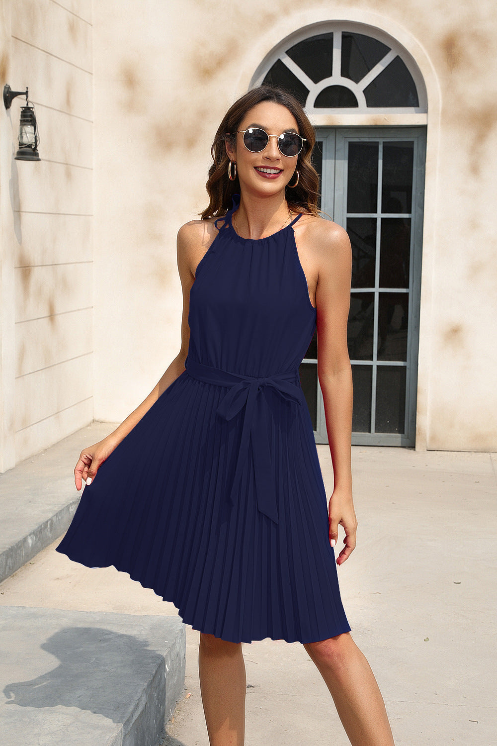 Spring Summer Women Clothing Solid Color Waist Tight Cami Dress Party Party Dress V neck Sleeveless Hem Dress by Ragazza