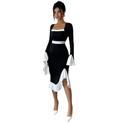 Autumn Winter Long Sleeve Hepburn Black White Color Matching Ruffled Slim Dress for Women by Ragazza