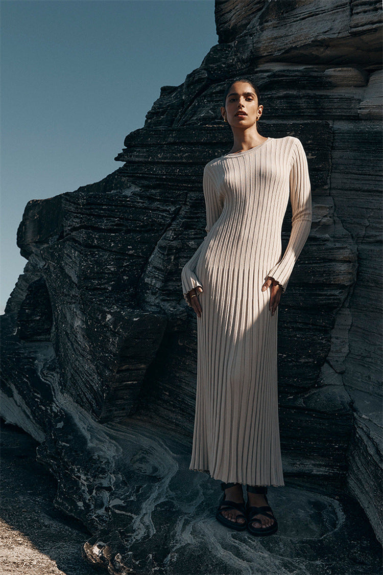 Long Sleeve Round Neck Tight Knitted Dress Autumn Sweater Dress Sunken Stripe Solid Color Base Dress by Ragazza