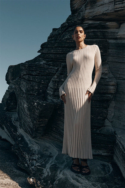 Long Sleeve Round Neck Tight Knitted Dress Autumn Sweater Dress Sunken Stripe Solid Color Base Dress by Ragazza
