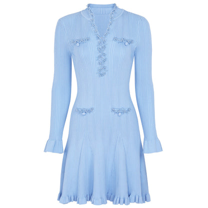 Spring Autumn Fashionable Knitted Heavy Industry Beaded Slim Fit Slimming Long Sleeves Dress by Ragazza