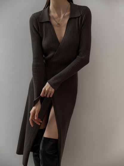 Split Strap Thread Knitted Dress Mid Length Autumn Winter Polo Collar Long Sleeve Sexy Tight Dress by Ragazza