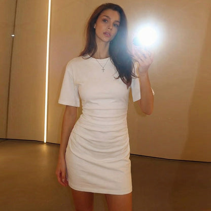 Women Clothing Autumn All Match Simple Pleated Waist Tight Slimming Dress by Ragazza