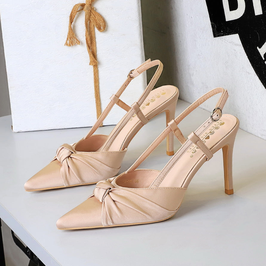 Cocktail Satin Bow Stiletto Heel High Heel Shoes Pointed Shallow Mouth Back Empty Closed Toe Shallow Mouth Pumps  DestGlow
