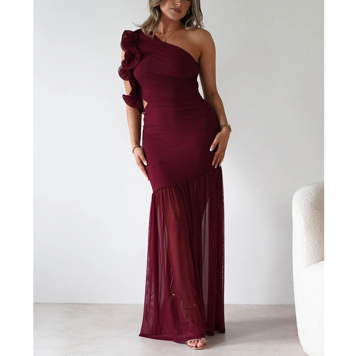 Autumn Winter Hollow Out Cutout out One Shoulder Ruffled Mesh Dress  DestGlow