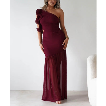 Autumn Winter Hollow Out Cutout out One Shoulder Ruffled Mesh Dress  DestGlow