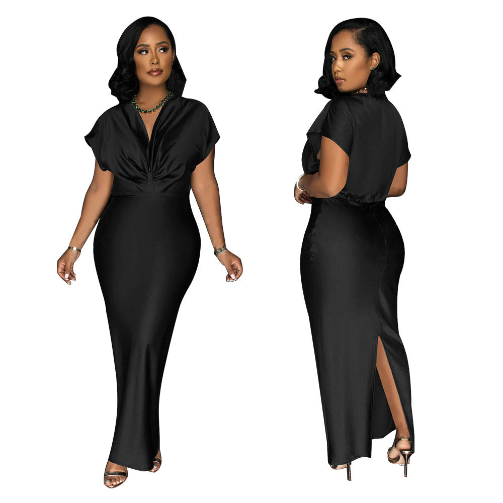 Women Wear V neck Short Sleeve Elegant Slim Back Slit Dress by Ragazza