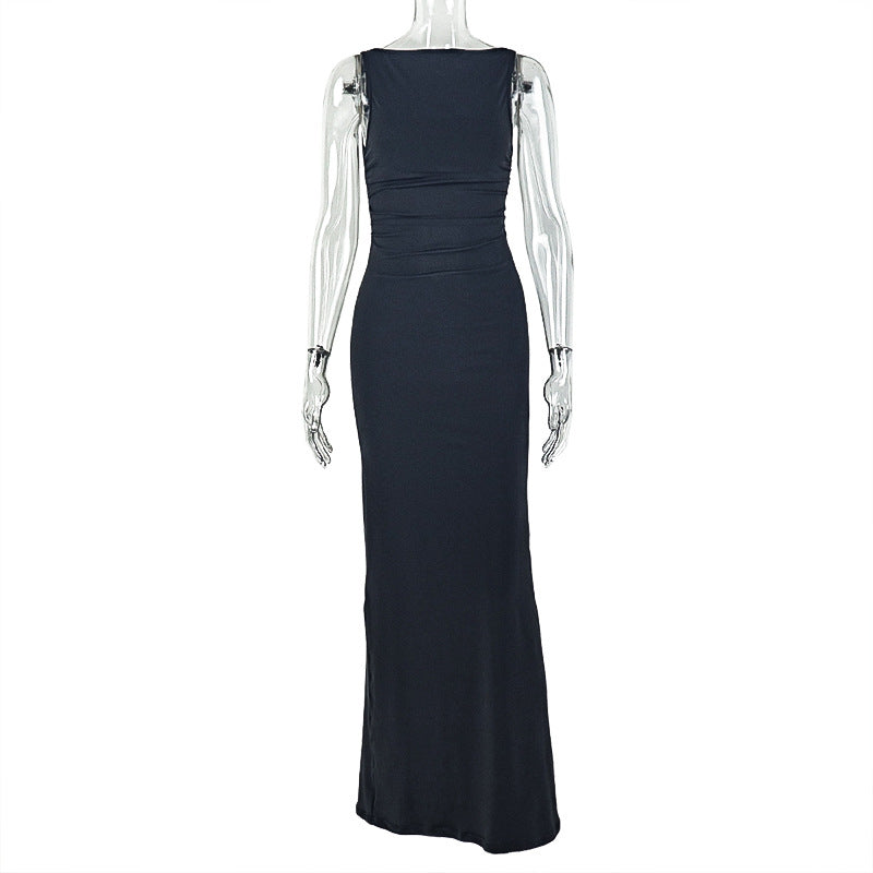 Solid Color Women Clothing Fitted Waist Backless Slimming Hip Dress High Collar Sleeveless Dinner Maxi Dress by Ragazza