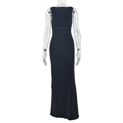 Solid Color Women Clothing Fitted Waist Backless Slimming Hip Dress High Collar Sleeveless Dinner Maxi Dress by Ragazza