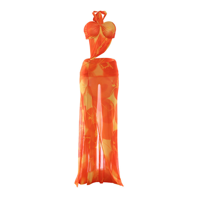 Spring Women Clothing Suspenders Personality Stitching Mesh See through Sexy Slit Dress by Ragazza