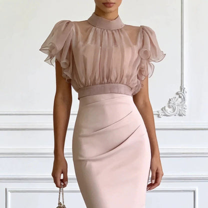 Fashionable Sheer Mesh Lace up Waist Controlled Top Strap Sheath Dress  DestGlow