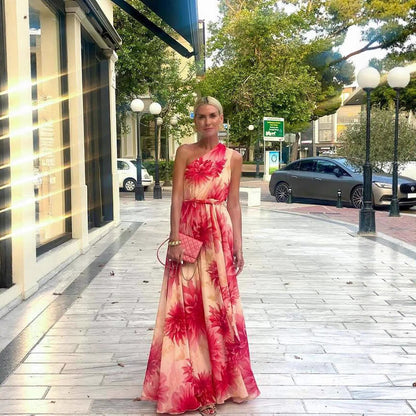 Summer Shoulder Waist-Controlled Lace up Wide Hem Printed Dress Women by Ragazza