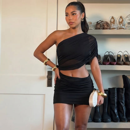 Fashionable Women Clothing Sexy Mesh Shoulder Hollow Out Cutout out Cropped Stitching Hip Short Dress  DestGlow