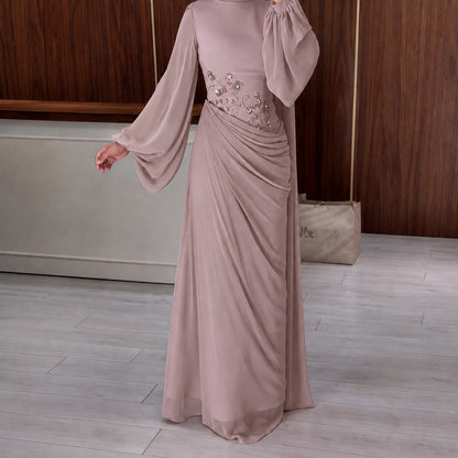 Chiffon Diamond Decorations Floral Long Sleeve Narrow Large Swing Elegant Dress  DestGlow