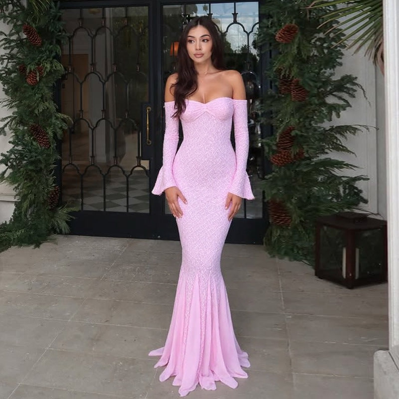 Dress Sexy Bandeau Stitching Lace Sleeve Slim Long Fishtail Evening Dress by Ragazza