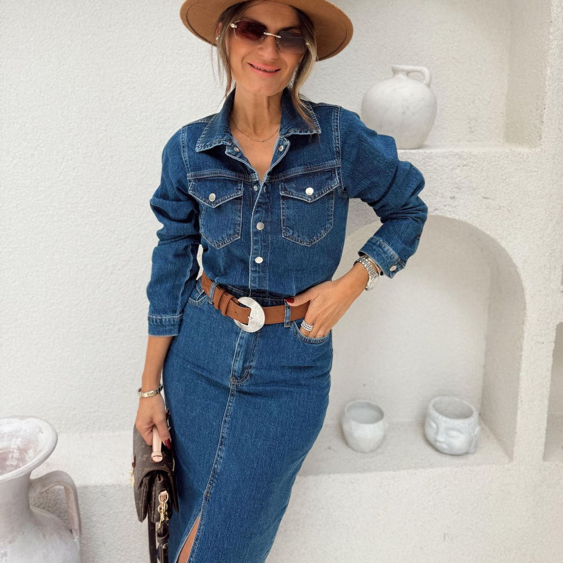 Casual Multi Button Long Sleeve Denim Mid Length Dress by Ragazza