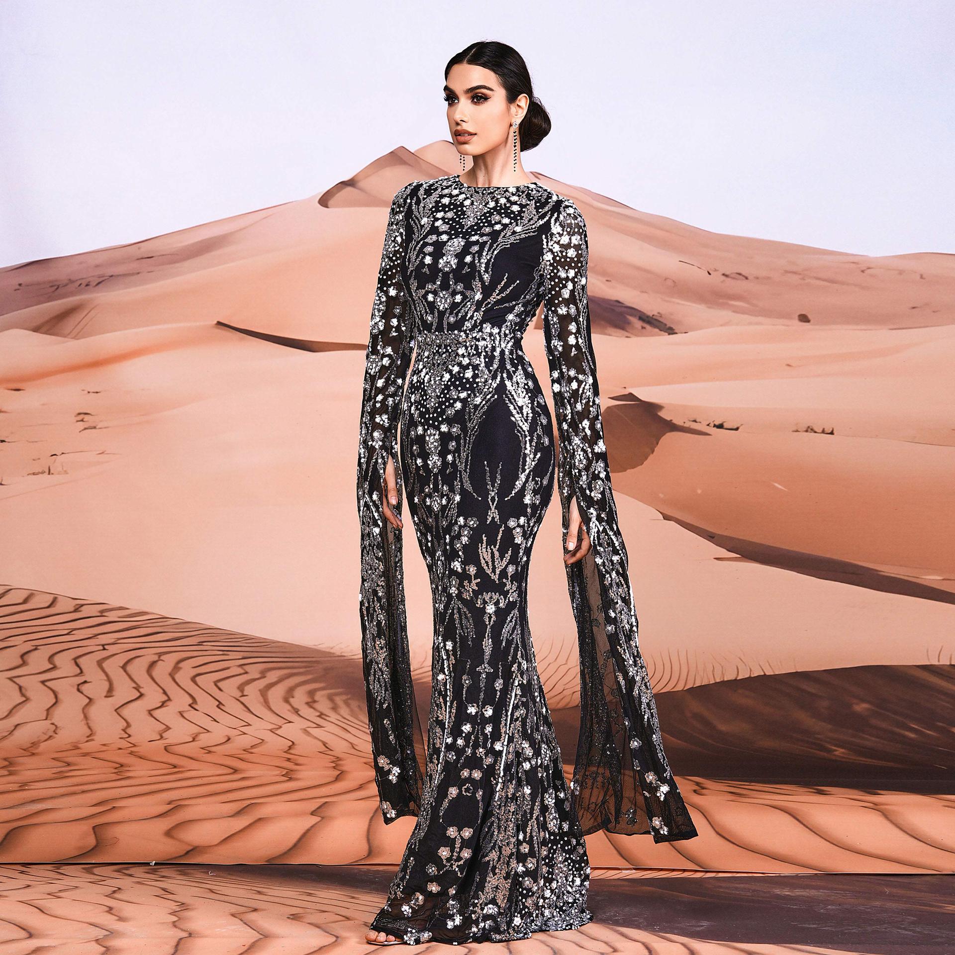 Super Long Sleeve Crew Neck Sexy Slim Long Sequined Cocktail Evening Dress Bridesmaid Dress by Ragazza