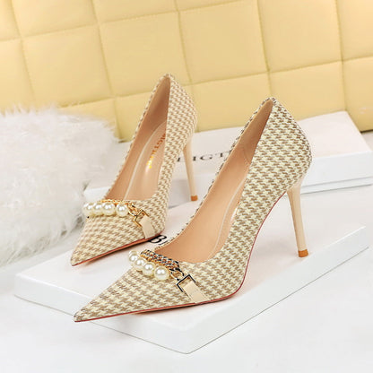 Houndstooth High Heels Stiletto Heel Shallow Mouth Pointed Pearl Chain Plaid Women Shoes  DestGlow