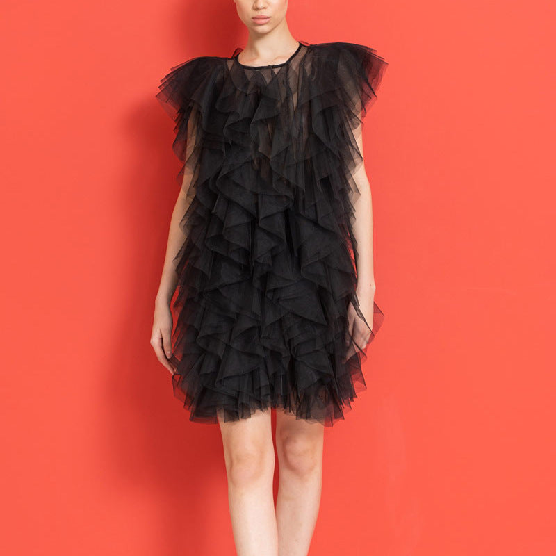 Irregular Asymmetric Ruffled Stitching See through Organza Sleeveless Sexy Dress Women by Ragazza