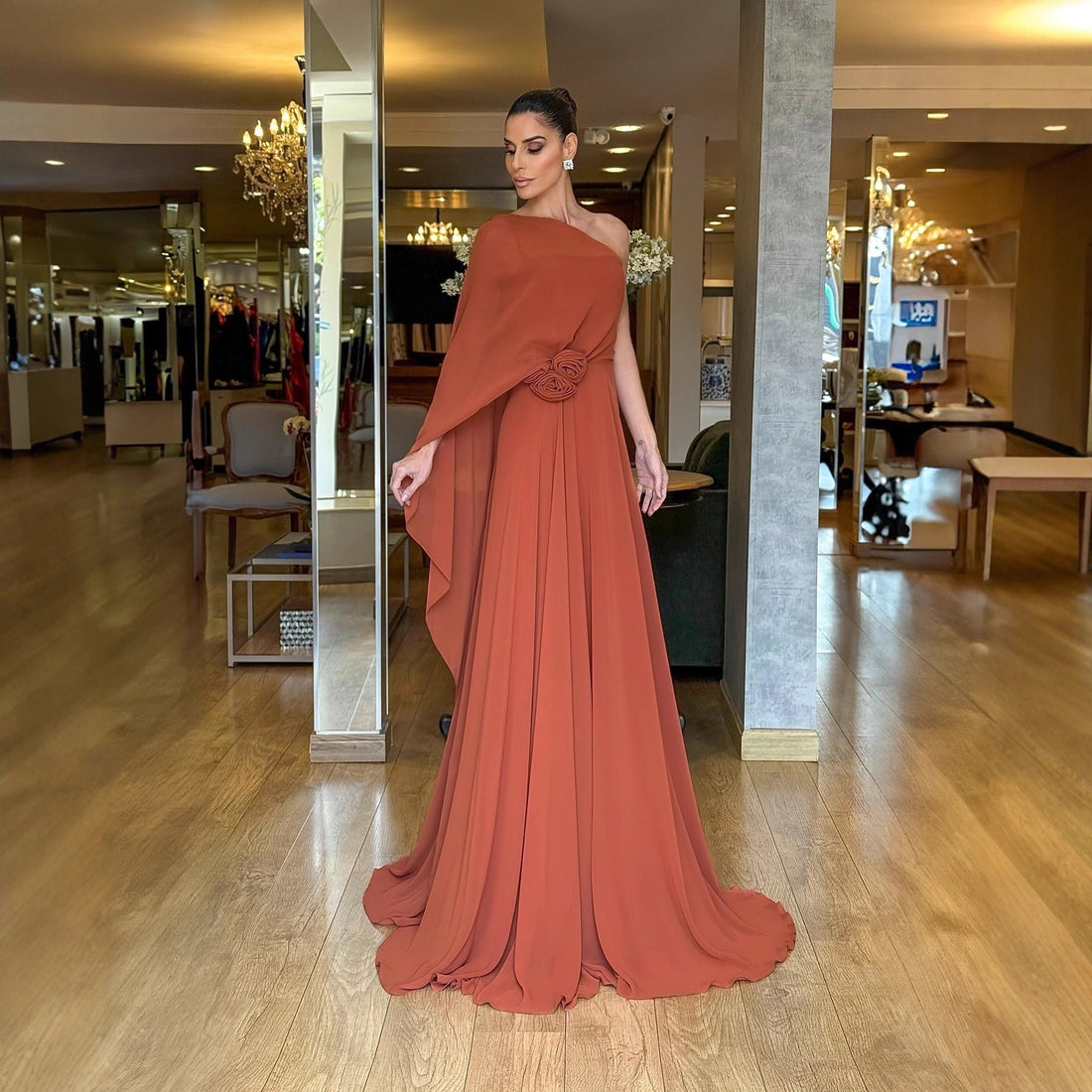 Spring Autumn Oblique Shoulder Chiffon Party Dress Loose Big Hem Women Dress by Ragazza