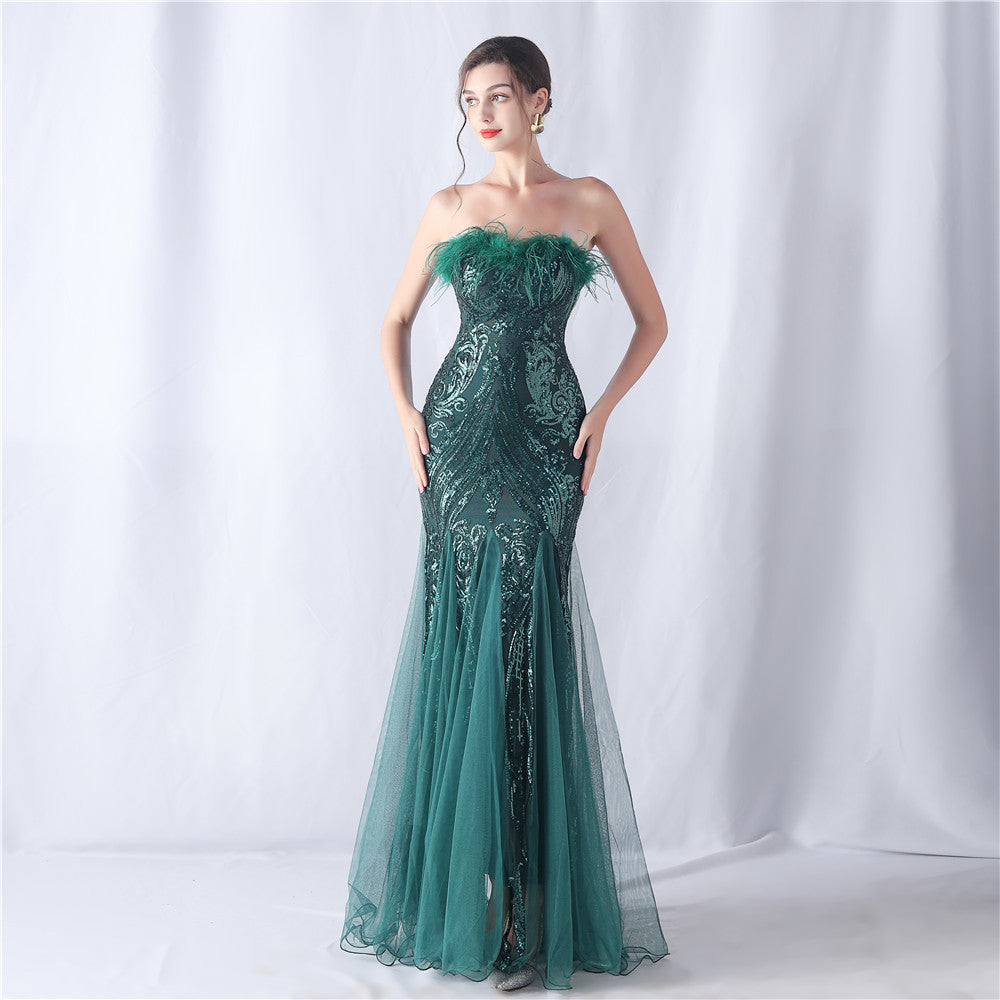 Ostrich Feather Positioning Floral Cutting Wedding Annual Meeting Tube Top Sequin Gauze Evening Dress by Ragazza