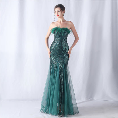 Ostrich Feather Positioning Floral Cutting Wedding Annual Meeting Tube Top Sequin Gauze Evening Dress by Ragazza