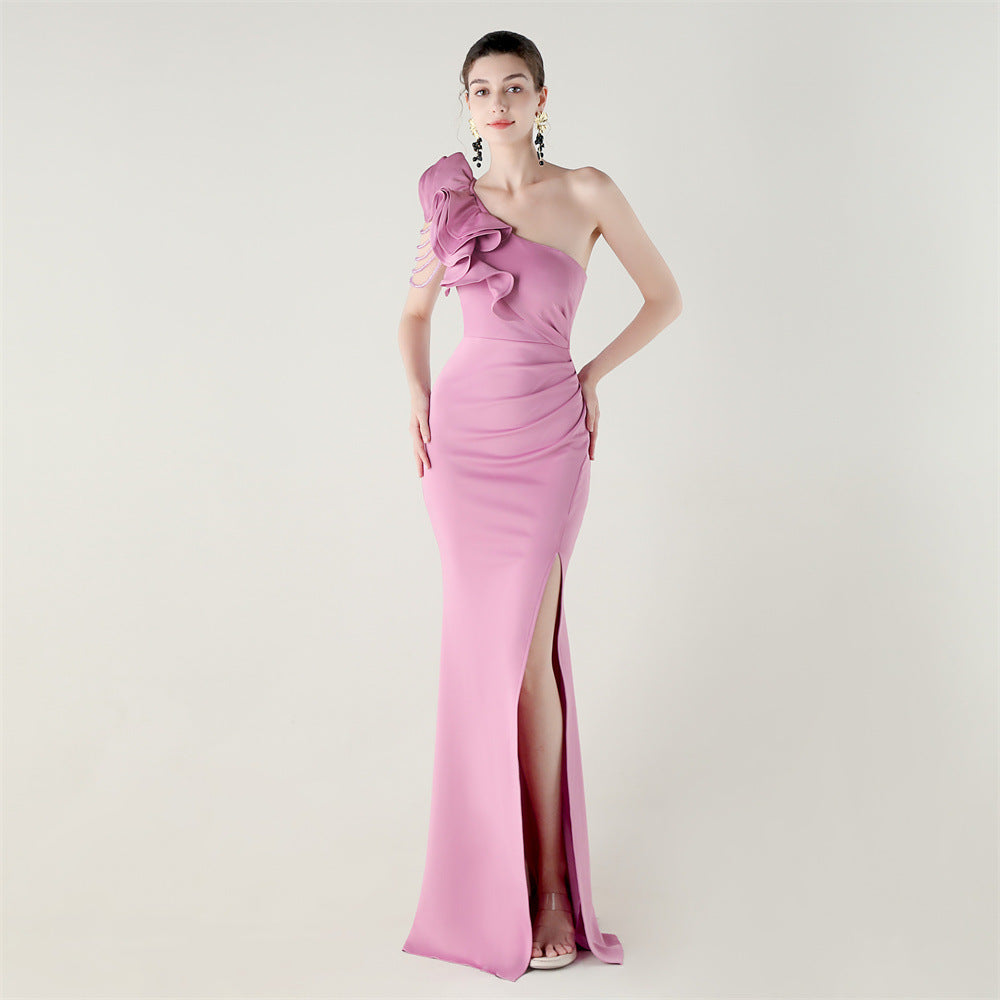 One Shoulder Craft Beading Wave Floral Satin High Slit Sexy Evening Dress Dinner Party Wedding Social by Ragazza