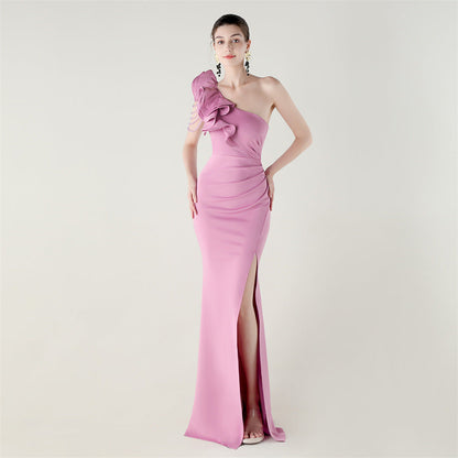 One Shoulder Craft Beading Wave Floral Satin High Slit Sexy Evening Dress Dinner Party Wedding Social by Ragazza