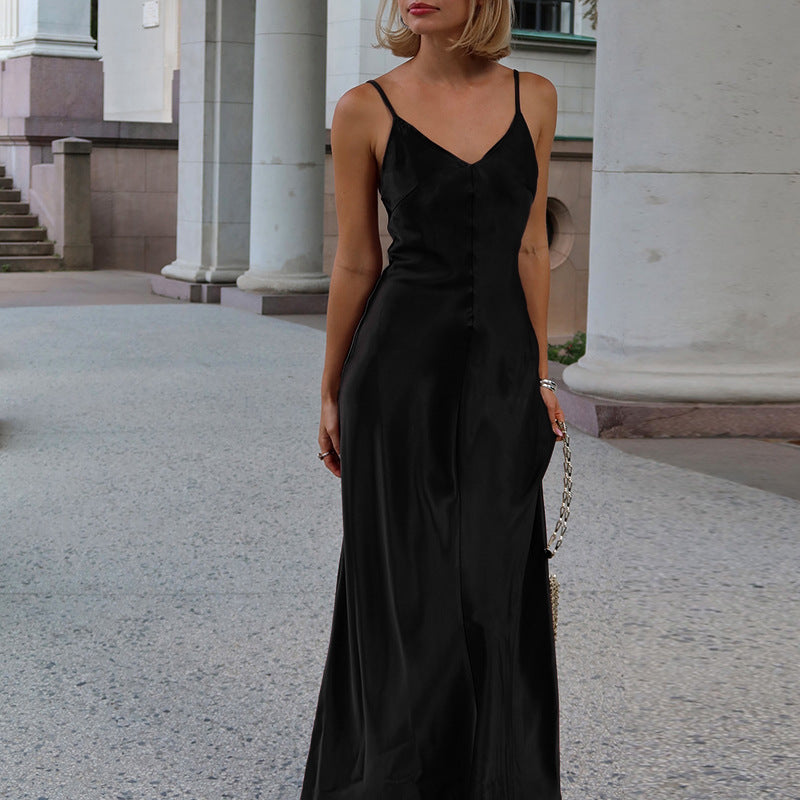 Fall Maxi Dress Socialite Sexy V neck Backless Satin Strap Dress  DestGlow