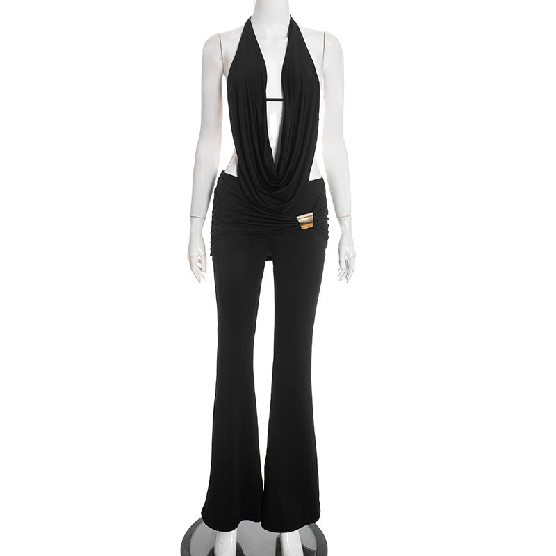 Women Clothing Winter Hanging Collar Backless Top Metal Buckle Bootcut Pants Two Piece Set by Ragazza