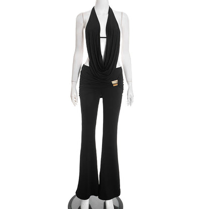 Women Clothing Winter Hanging Collar Backless Top Metal Buckle Bootcut Pants Two Piece Set by Ragazza