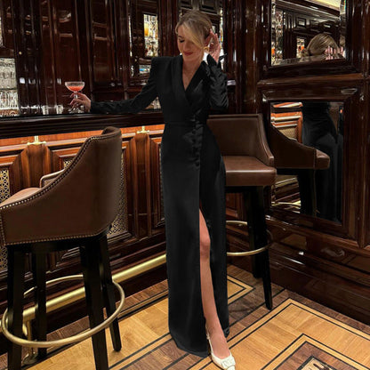 Spring Autumn Party Dress Women V neck Long Sleeve High Waist Split French Dress by Ragazza
