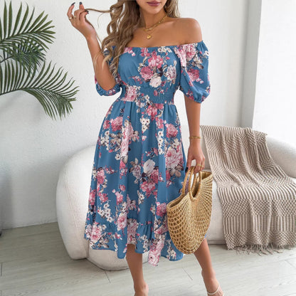 Spring Summer Floral Off Shoulder Short-Sleeved Ruffle A Line Holiday Dress  DestGlow