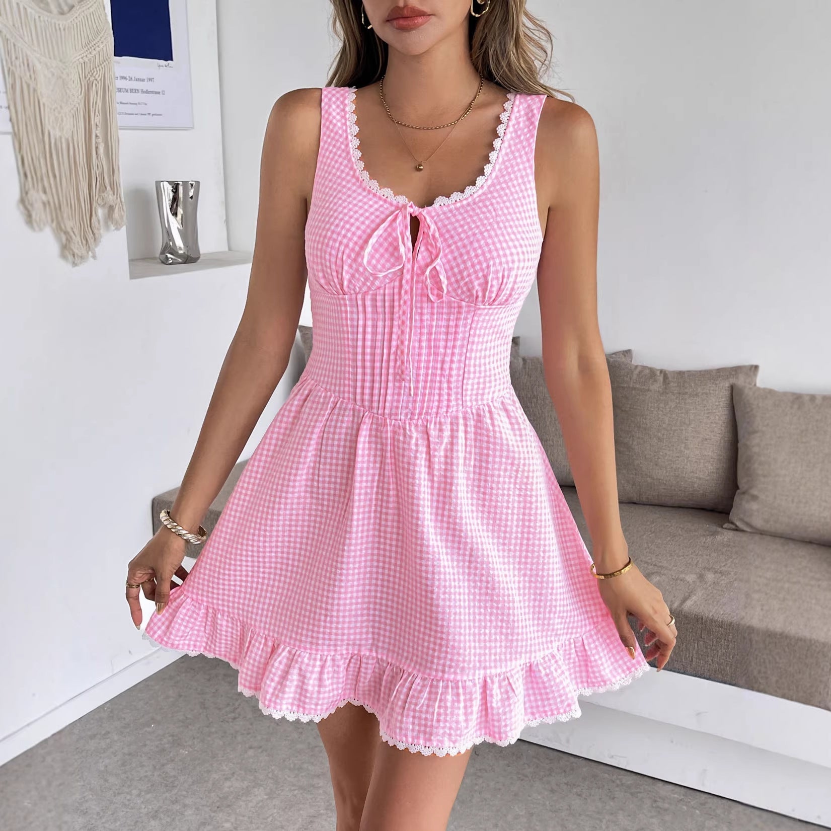 Sleeveless Holiday Sweet Sexy Short Dress Lace Bow Plaid Dress by Ragazza
