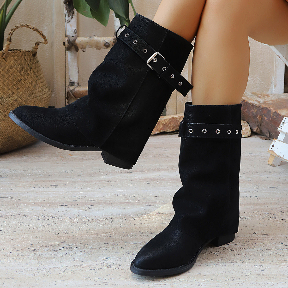 Pants Pipe Boots Retro Pointed Belt Buckle Boots Women Chunky Heel Short Pleated Pile Boots  DestGlow