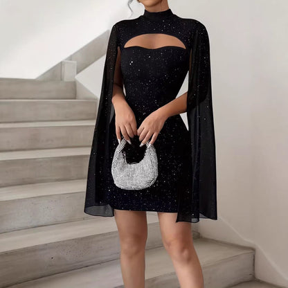 Women Clothing round Neck Sunken Stripe Pearl Chiffon Cape Sheath Dress for Women  DestGlow