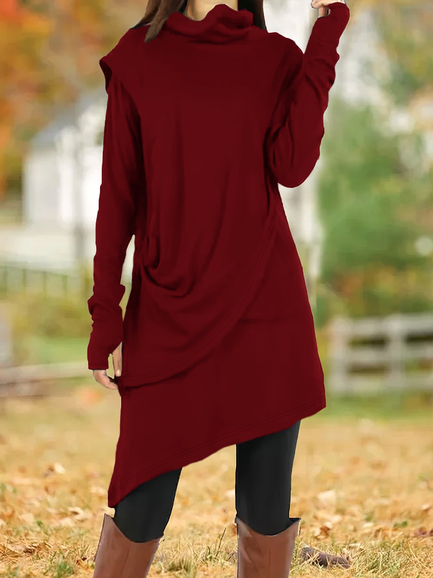 Autumn Winter Black High Collar Irregular Asymmetric Faux Two Piece Long-Sleeved Dress Women by Ragazza