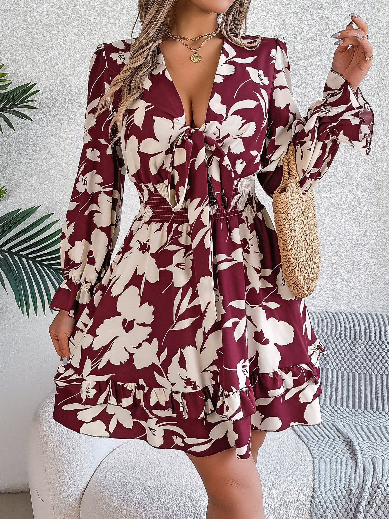 Autumn Winter Casual Floral Lace up Long Sleeve Wooden Ear A line Women Clothing by Ragazza