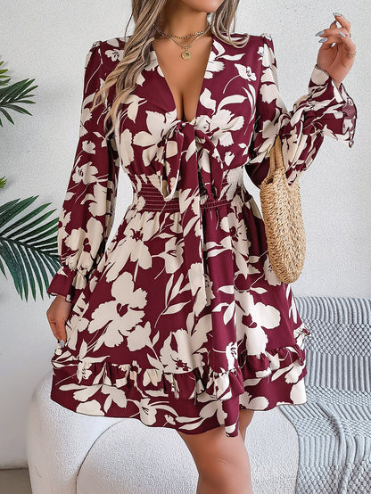 Autumn Winter Casual Floral Lace up Long Sleeve Wooden Ear A line Women Clothing by Ragazza