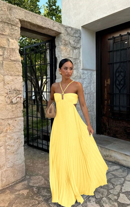 Summer Solid Color Tube Top Pleated Sleeveless Sling Dress by Ragazza