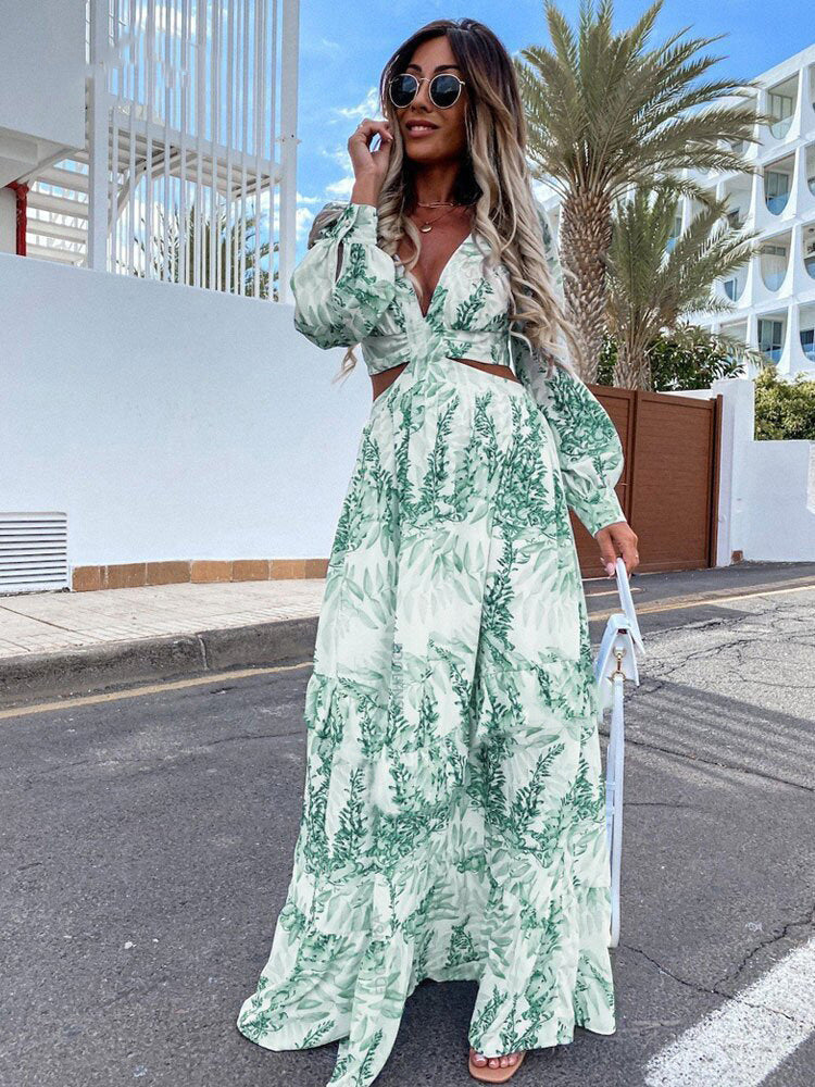 Women Wear Spring Long Printed V neck Long Sleeve Elegant Dress by Ragazza