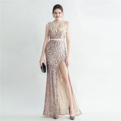 Heavy Industry Ostrich Hair Craft Bundle Hair Oblique Shoulder Side Slit High End Evening Dress by Ragazza