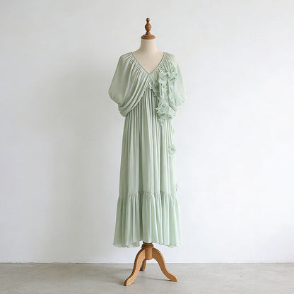 Romantic Vacation Maxi Dress Spring V neck Drop Shoulder Batwing Sleeve Stitching Three Dimensional Floral Dress  DestGlow
