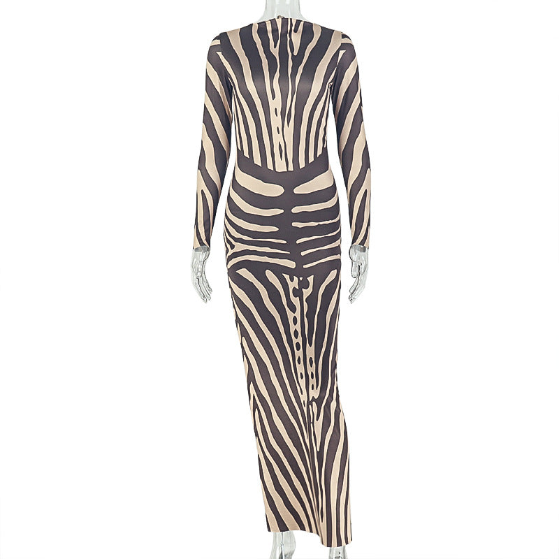 Women Printed Wear round Neck Long Sleeve Black Pattern Slim Fit Sheath Dress Casual Seaside Vacation Maxi Dress  DestGlow