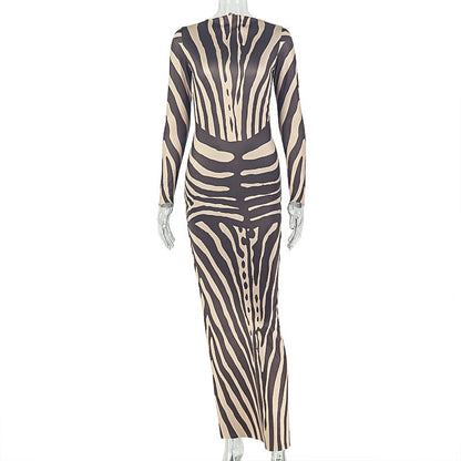 Women Printed Wear round Neck Long Sleeve Black Pattern Slim Fit Sheath Dress Casual Seaside Vacation Maxi Dress  DestGlow
