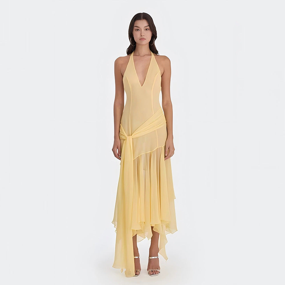Summer Halter Chiffon See through Dress Sexy Deep V Plunge Ribbon Dress by Ragazza