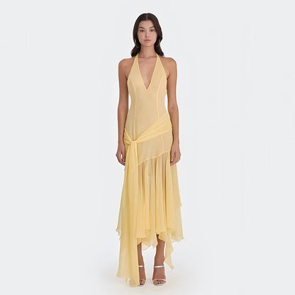 Summer Halter Chiffon See through Dress Sexy Deep V Plunge Ribbon Dress by Ragazza