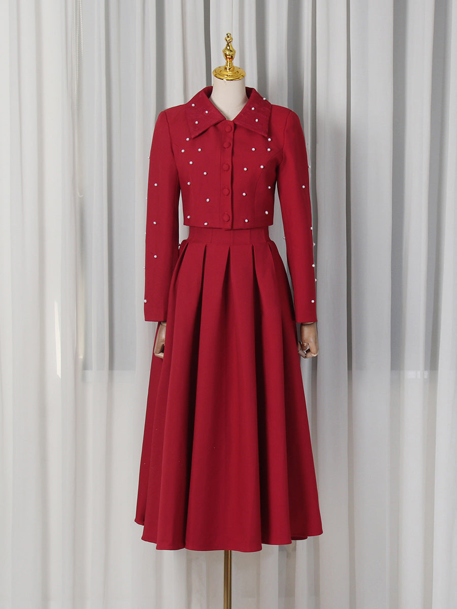 Spring Elegant Pleated Slim Maxi Dress Solid Color Beaded Collared Long Sleeve Two Piece Sets Women by Ragazza