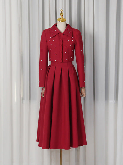 Spring Elegant Pleated Slim Maxi Dress Solid Color Beaded Collared Long Sleeve Two Piece Sets Women by Ragazza